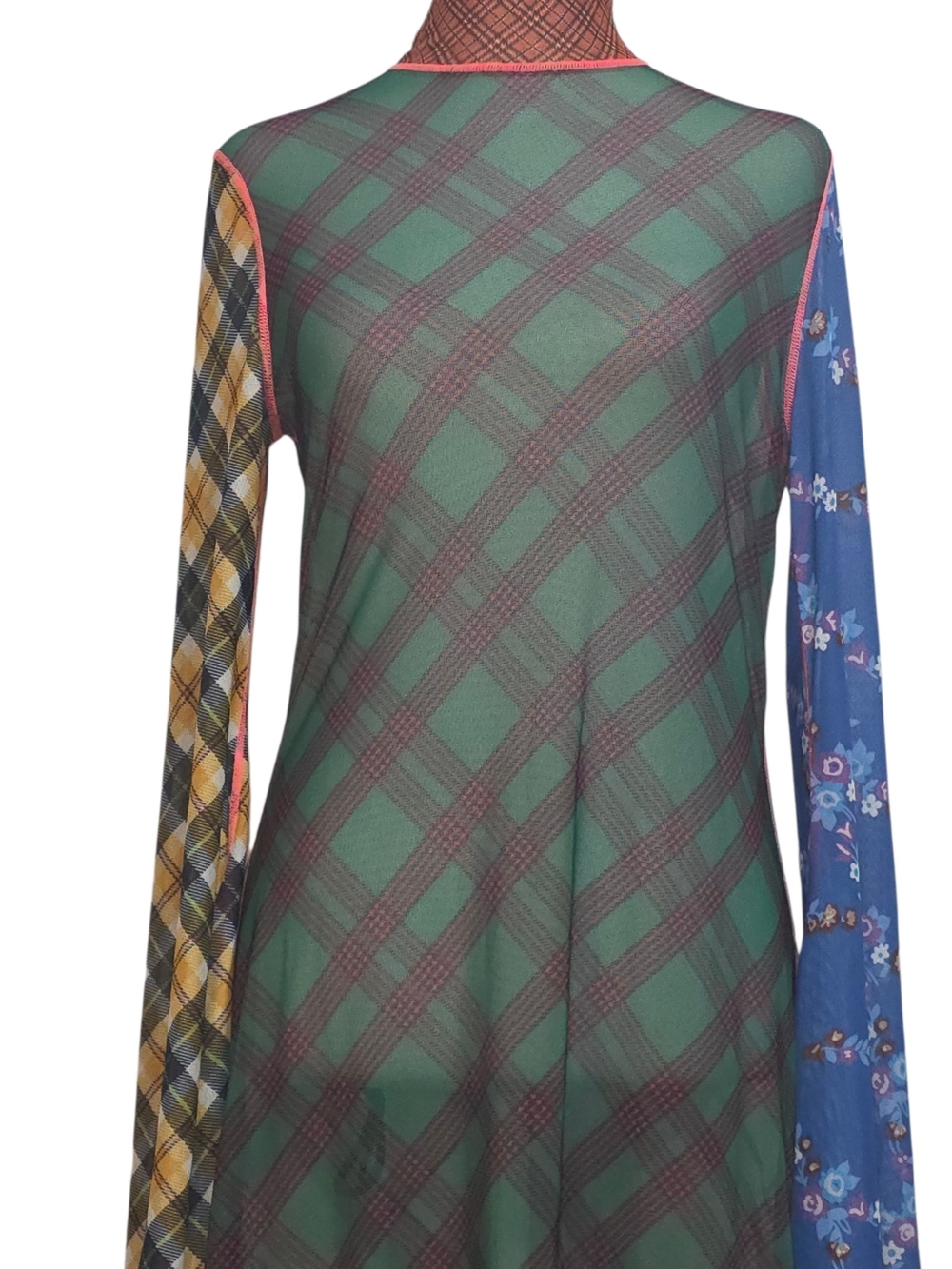 NWT CeliaB Ixora Mesh Midi Dress Mixed Plaid Floral Sheer Mock Neck S - Picture 3 of 15